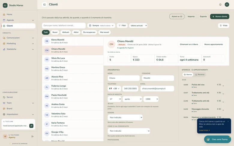 La scheda di una cliente in Toomynd: visite, spesa, ogni quanto torna e lo storico dei trattamenti